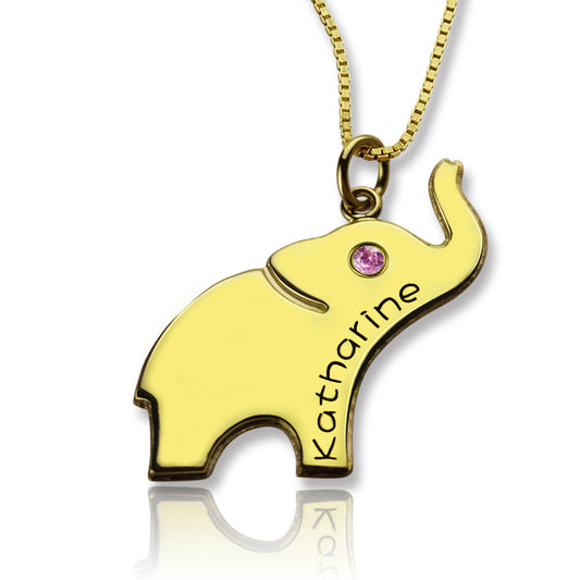 Elephant Lucky Charm Necklace Engraved Name 18k Gold Plated