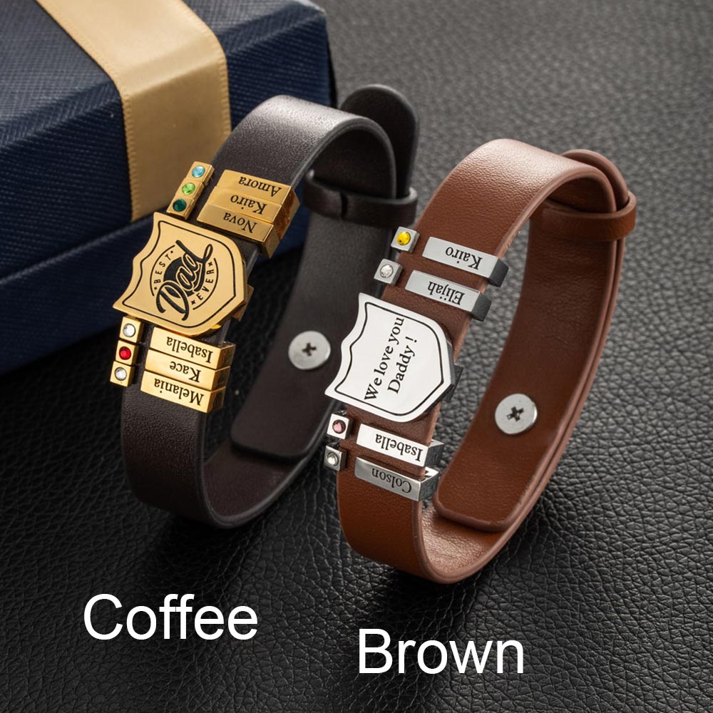 Family Series 1-20 Names Leather Shield Bracelet for Men