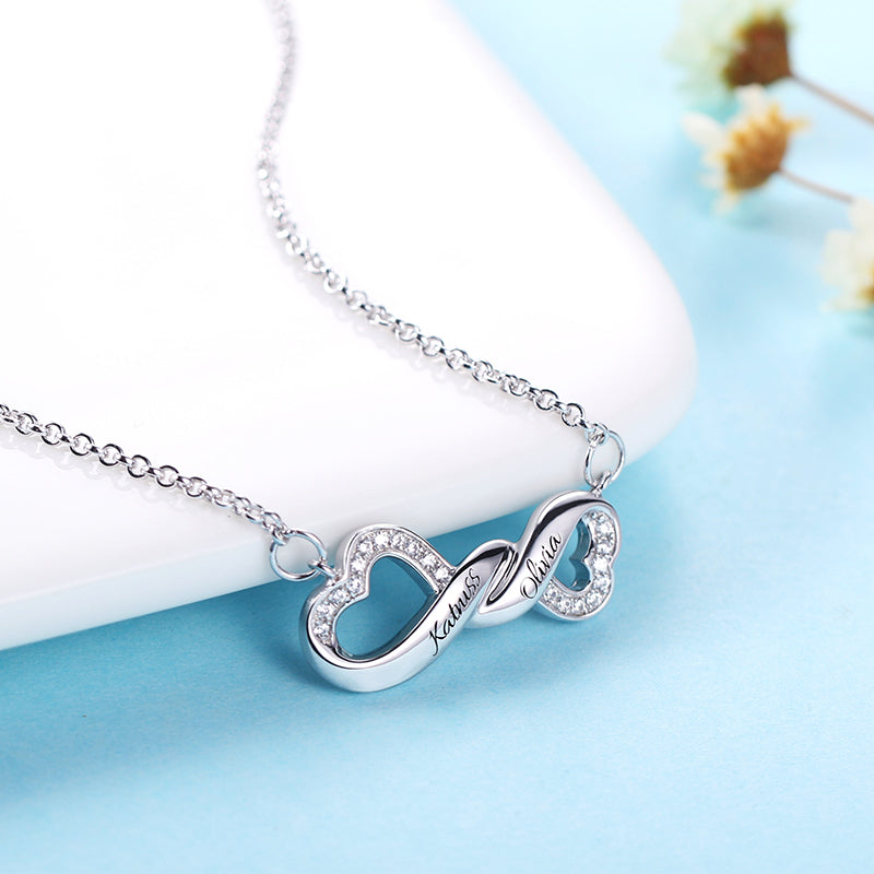 Engraved Infinity Double Heart Name Necklace for Her in Silver