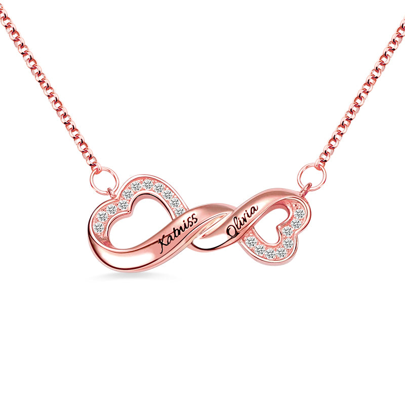 Engraved Infinity Double Heart Name Necklace for Her in Silver