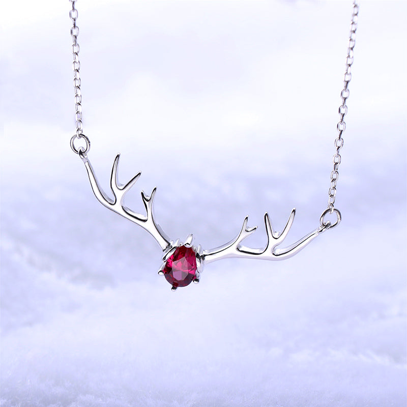 Personalized Birthstone Sterling Silver Deer Antler Necklace