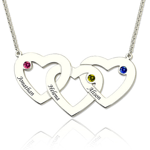 3 Intertwined Hearts Necklace with Birthstones Gift Card & Box Set