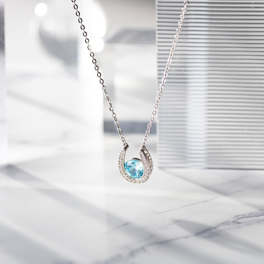 Custom Lucky Necklace with Horseshoe Birthstone Pendant