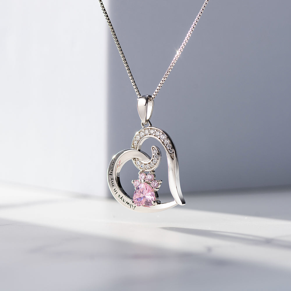 Engraved "Always in My Heart" Paw Print Birthstone Memorial Necklace