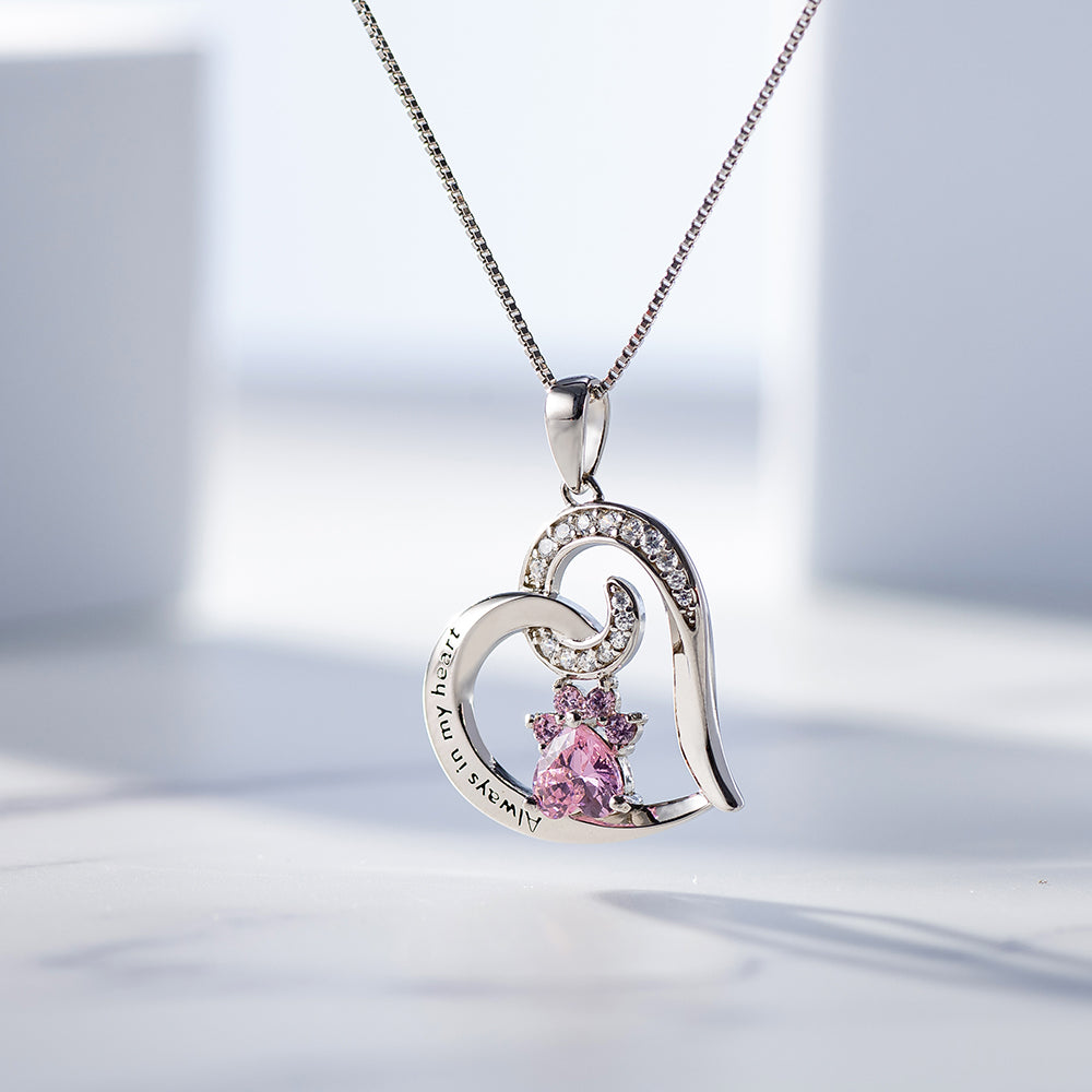 Engraved "Always in My Heart" Paw Print Birthstone Memorial Necklace