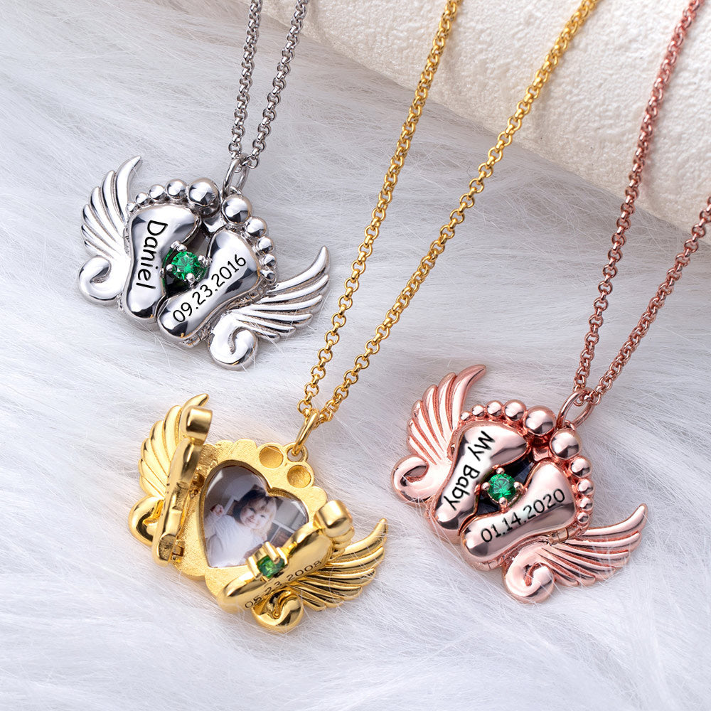 Personalized Photo and Name Angel Wing Feet Necklace