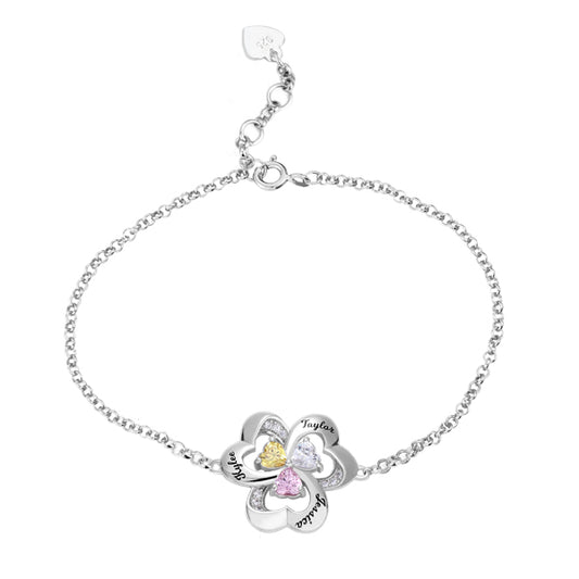 Personalized Three Heart Birthstone Bracelet in Silver