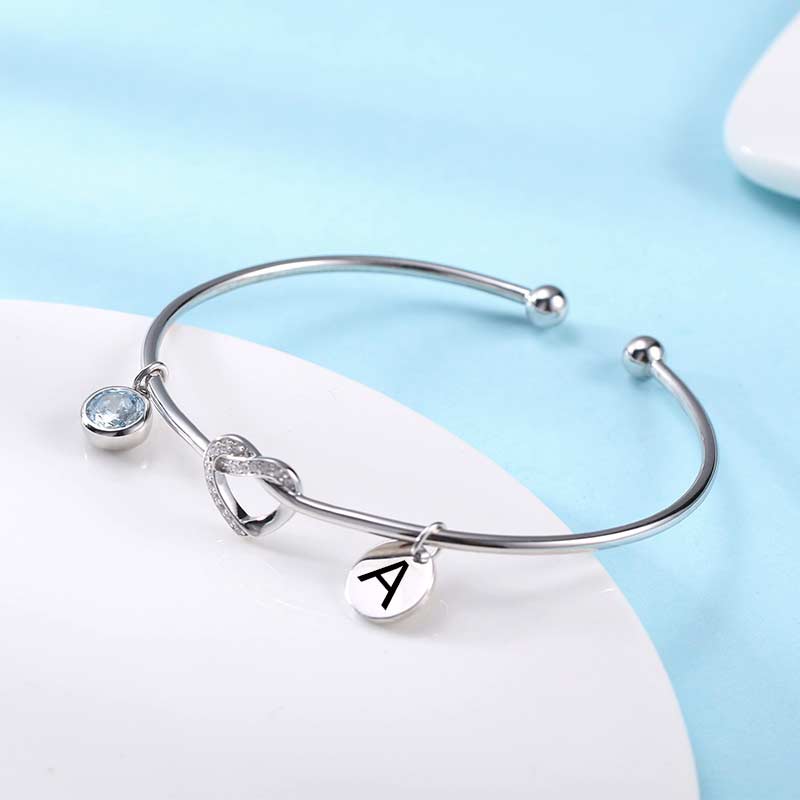 Engraved Heart Bangle with Birthstone in Silver