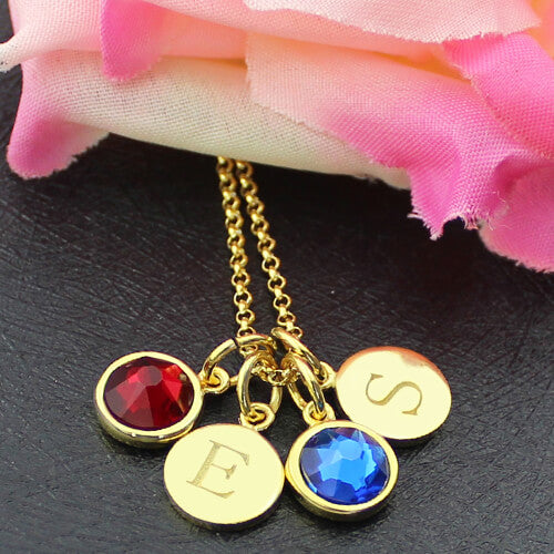 Personalized Double Initial Charm Necklace with Birthstones