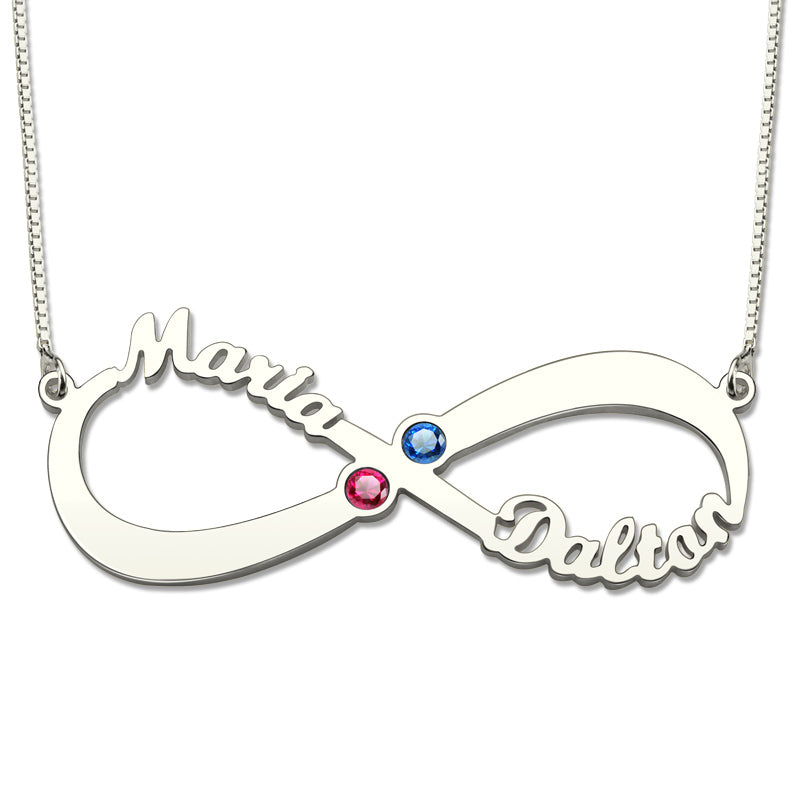 2 Names & Birthstones Infinity Love Necklace Sterling Silver