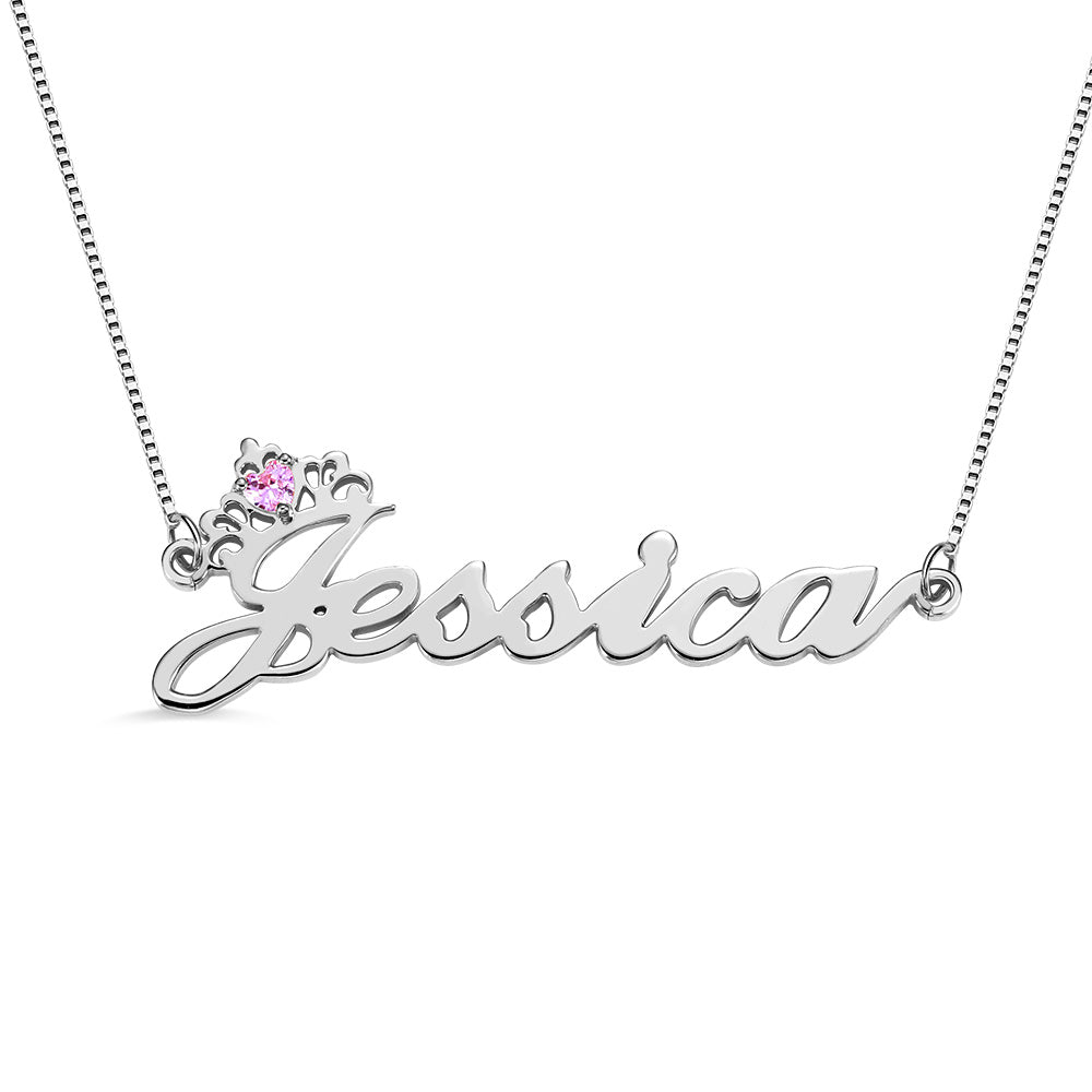 Personalized Crown Name Necklace with Birthstone in Silver