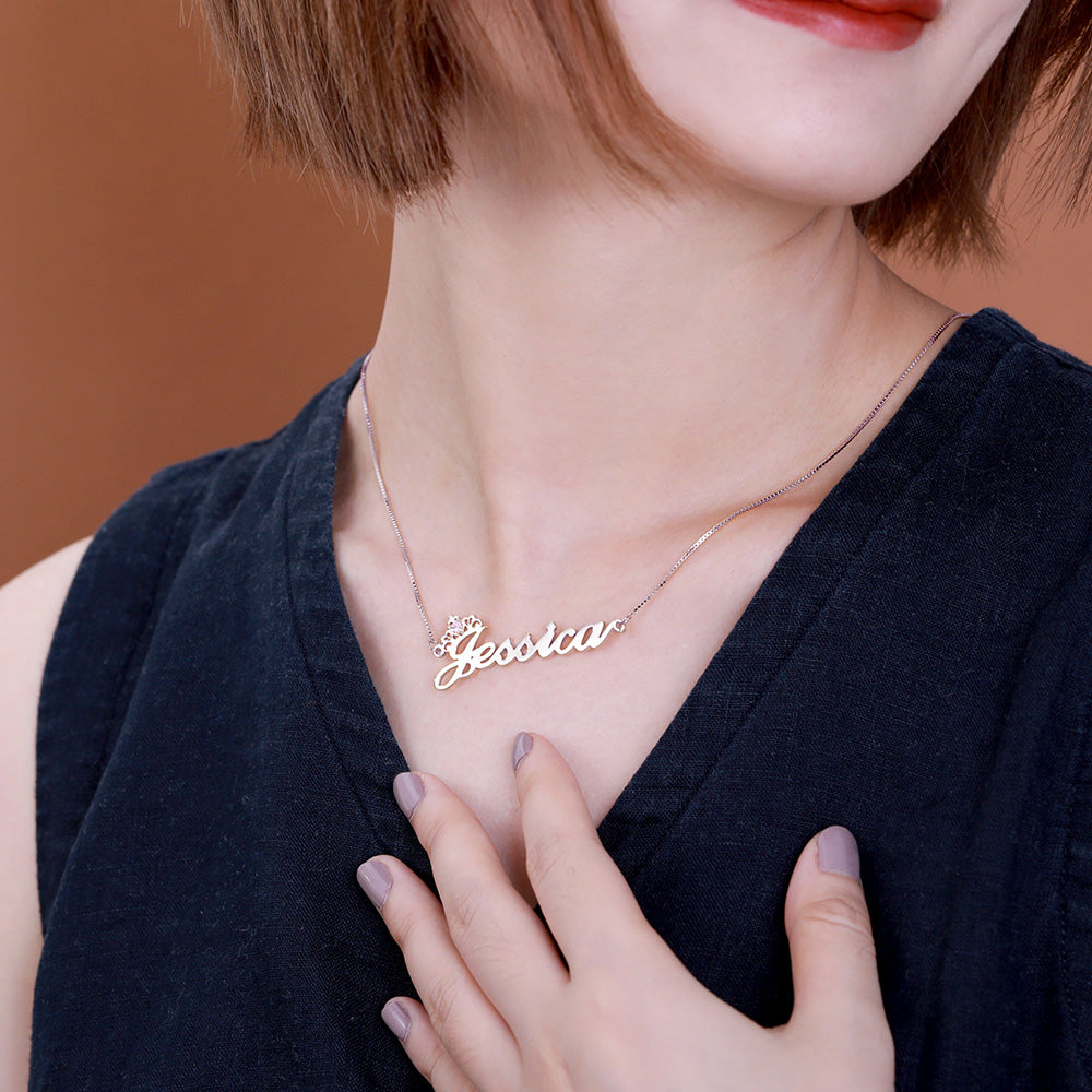 Personalized Crown Name Necklace with Birthstone in Silver