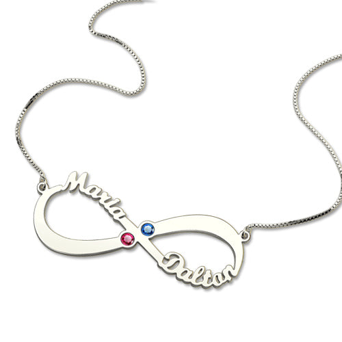 2 Names & Birthstones Infinity Love Necklace Sterling Silver