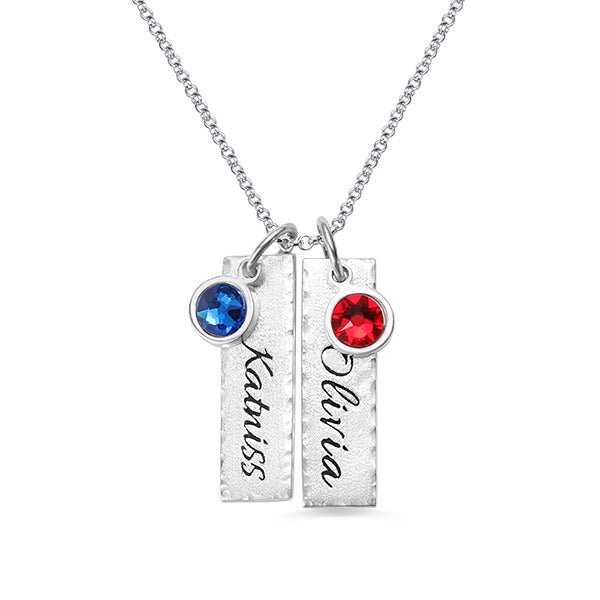 Personalize Hammered Bar Necklace with Birthstones Pure Silver