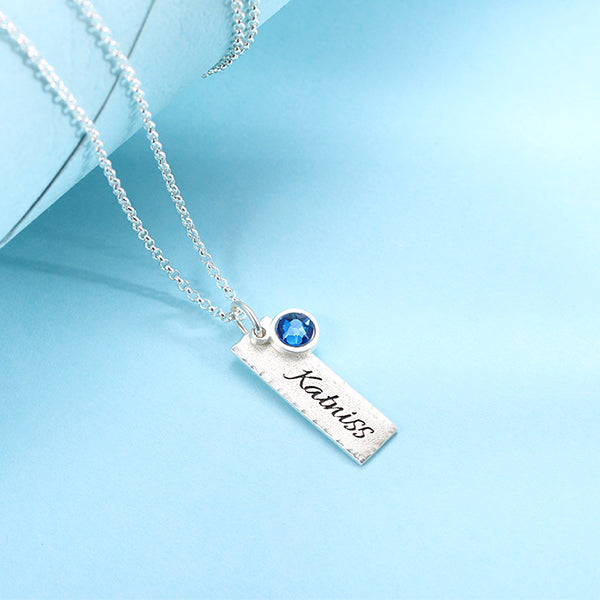 Personalize Hammered Bar Necklace with Birthstones Pure Silver