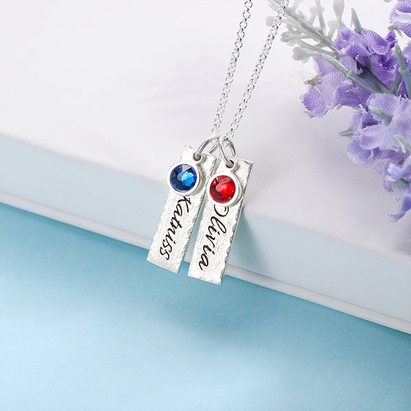 Personalize Hammered Bar Necklace with Birthstones Pure Silver