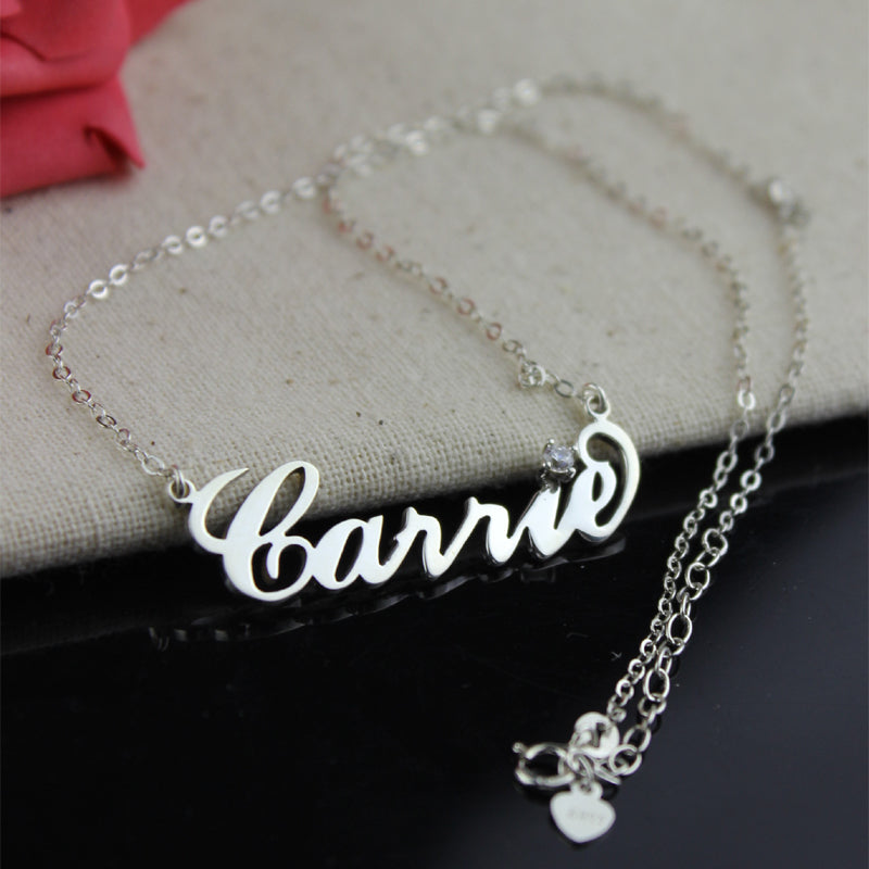 Sterling Silver Carrie Name Necklace With Birthstone