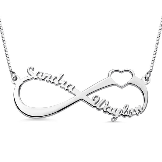 Personalized Infinity Heart Double Name Necklace Silver