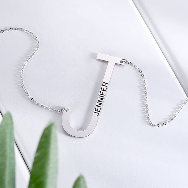 Stainless Steel/Engraved Sideways Initial Necklace in Silver