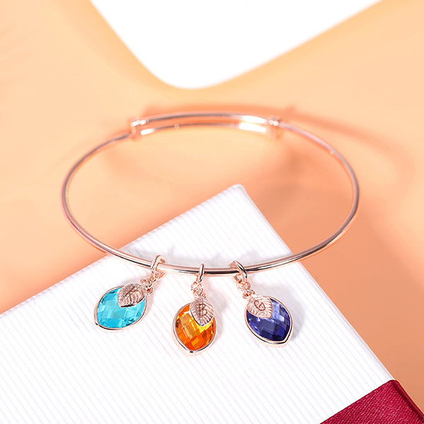 Personalized Family Birthstone Bangle with Initial Leaves in Rose Gold