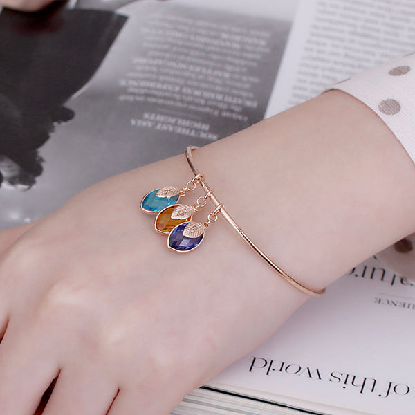 Personalized Family Birthstone Bangle with Initial Leaves in Rose Gold