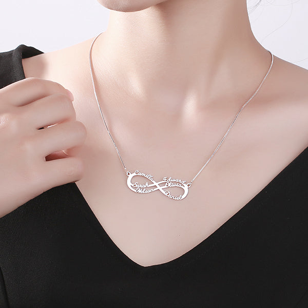 Personalized 6 Names Infinity Symbol Necklace In Silver