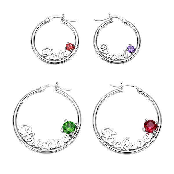 Personalized Name Birthstone Hoop Earrings in Silver