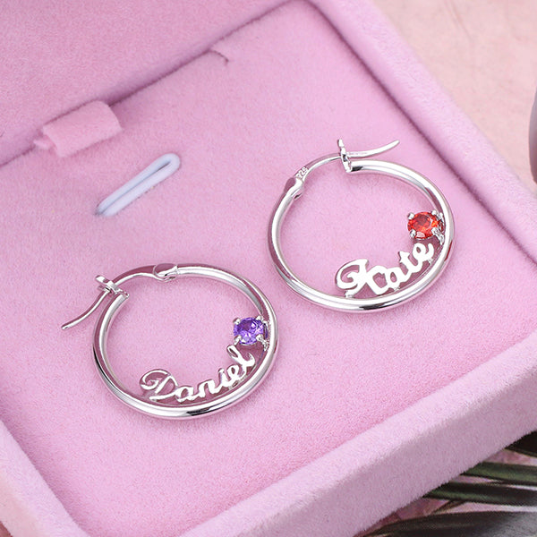 Personalized Name Birthstone Hoop Earrings in Silver