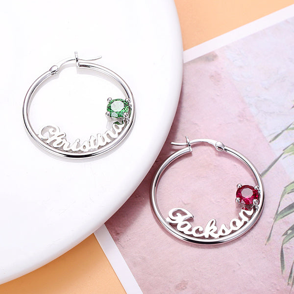 Personalized Name Birthstone Hoop Earrings in Silver