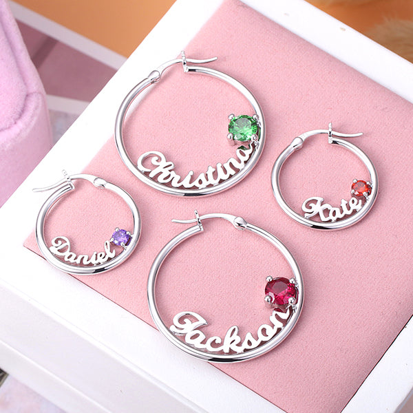 Personalized Name Birthstone Hoop Earrings in Silver