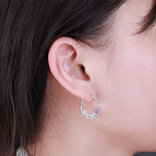 Personalized Name Birthstone Hoop Earrings in Silver