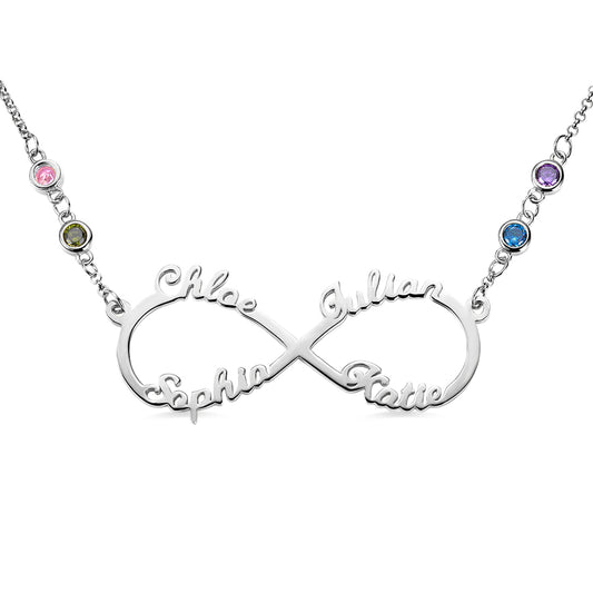 Custom 4 Names Infinity Necklace with Birthstones in Silver