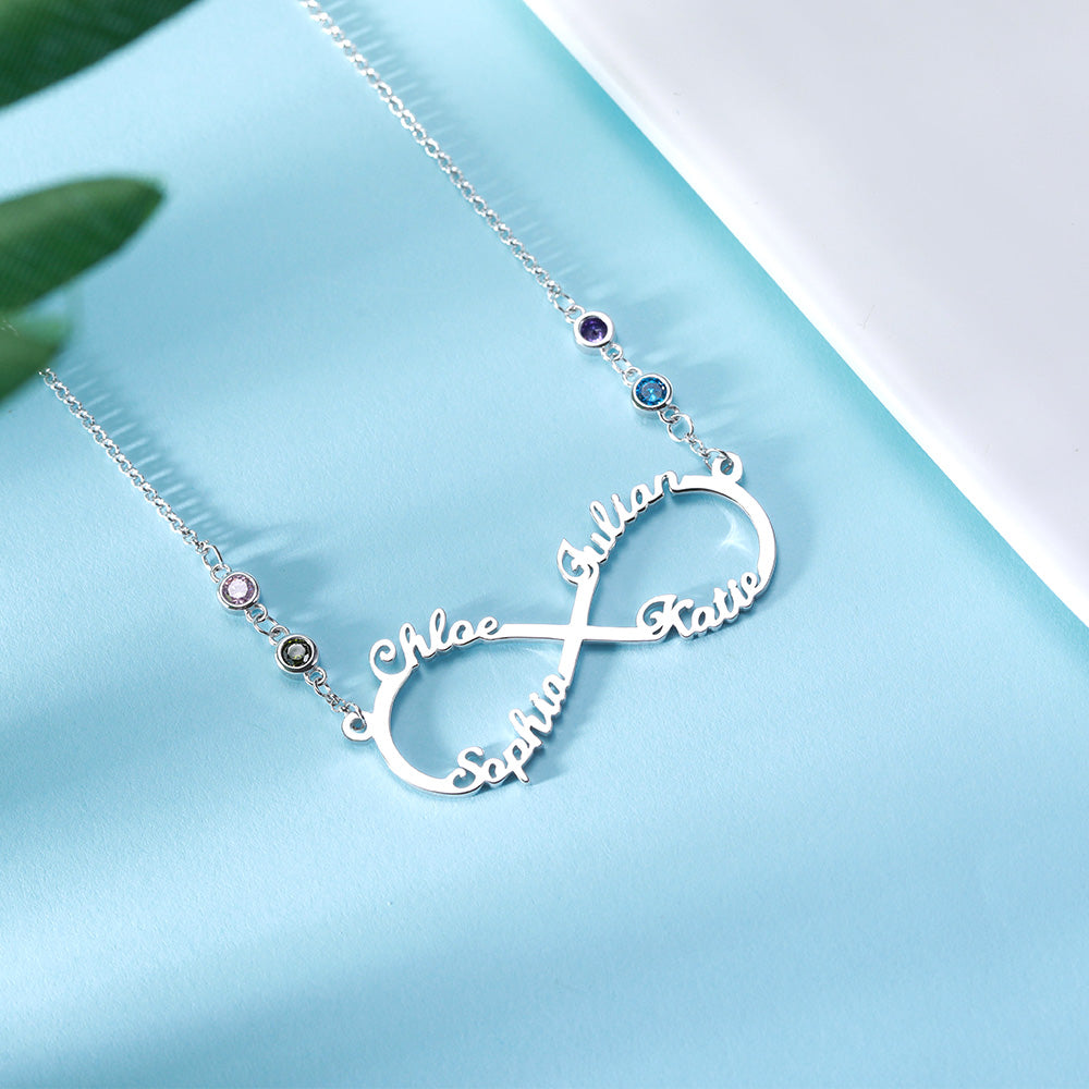 Custom 4 Names Infinity Necklace with Birthstones in Silver