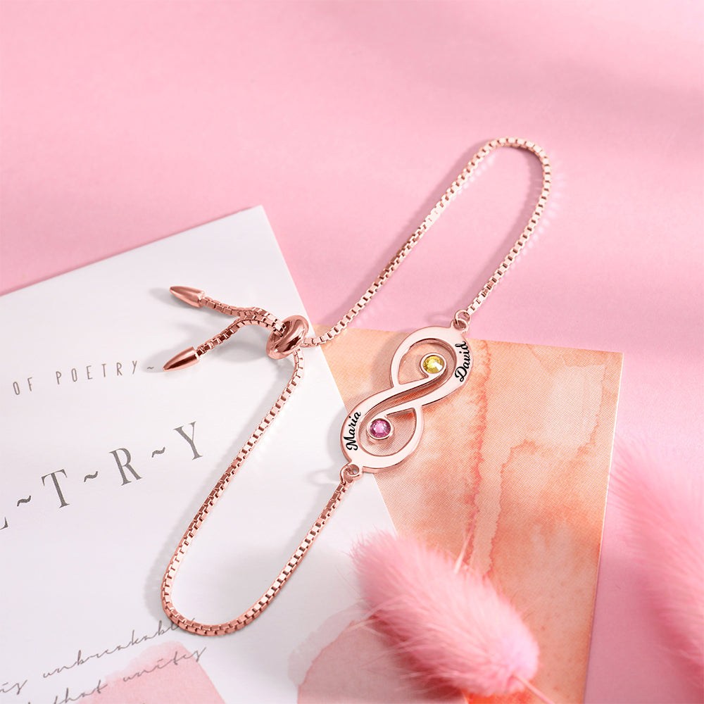 Personalized Infinity Name Bracelet with Birthstone in Rose Gold