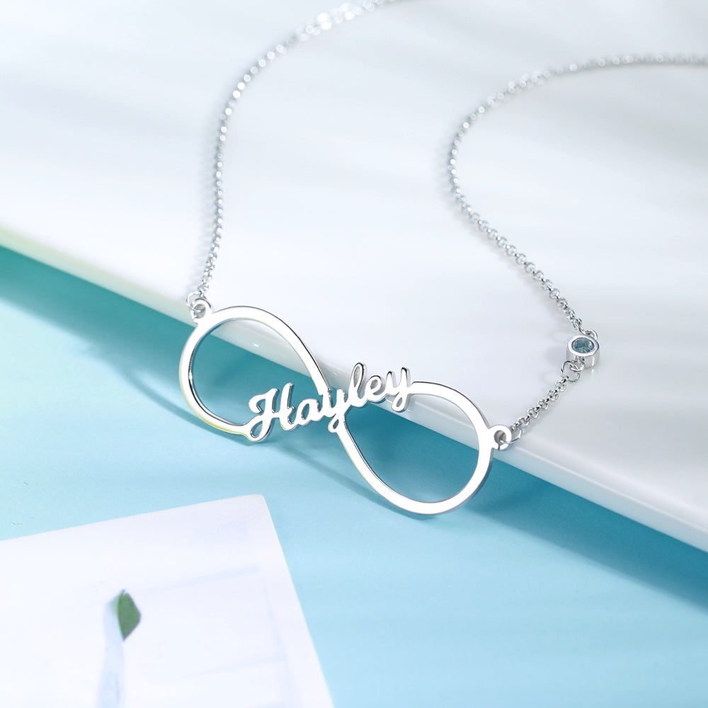 Custom Single Name Infinity Necklace with Birthstone in Silver