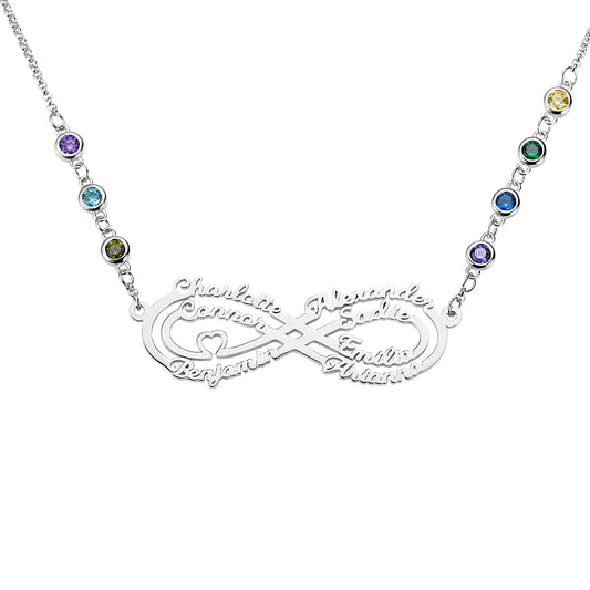 Personalized 7 Names Infinity Necklace with Birthstone in Silver