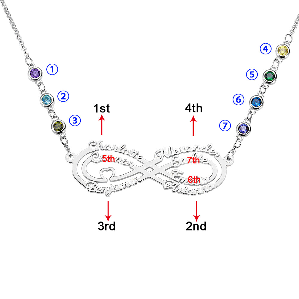 Personalized 7 Names Infinity Necklace with Birthstone in Silver