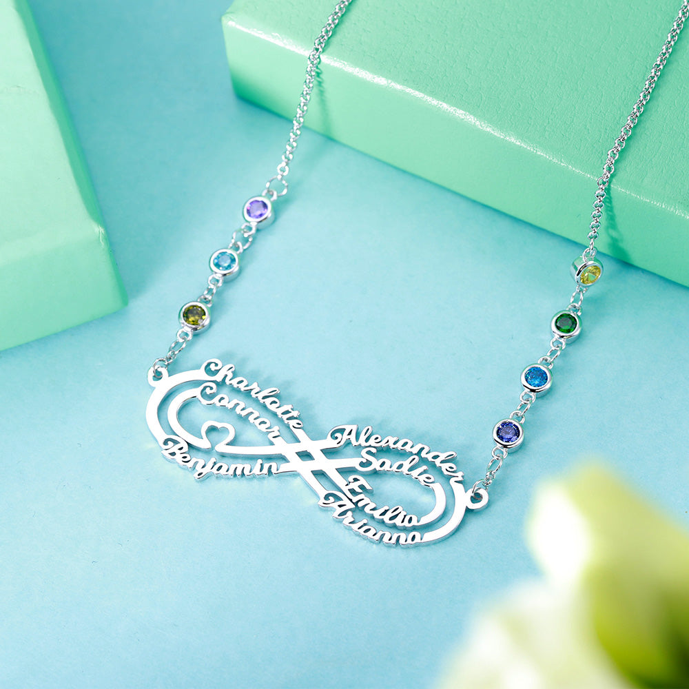 Personalized 7 Names Infinity Necklace with Birthstone in Silver