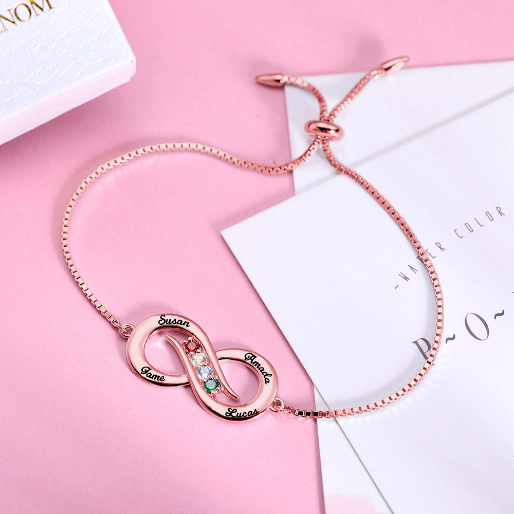 Personalized Infinity 4 names Bracelet with Birthstones in Rose Gold