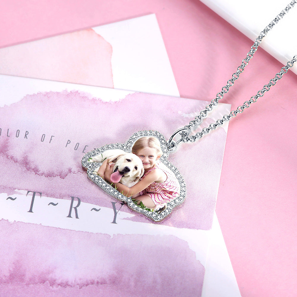 Personalized Color Photo Necklace with Birthstone in Silver