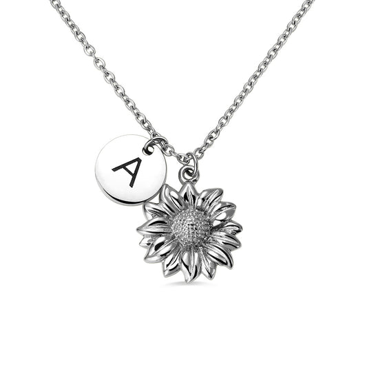 Personalized Sunflower Necklace with Initial Stainless Steel