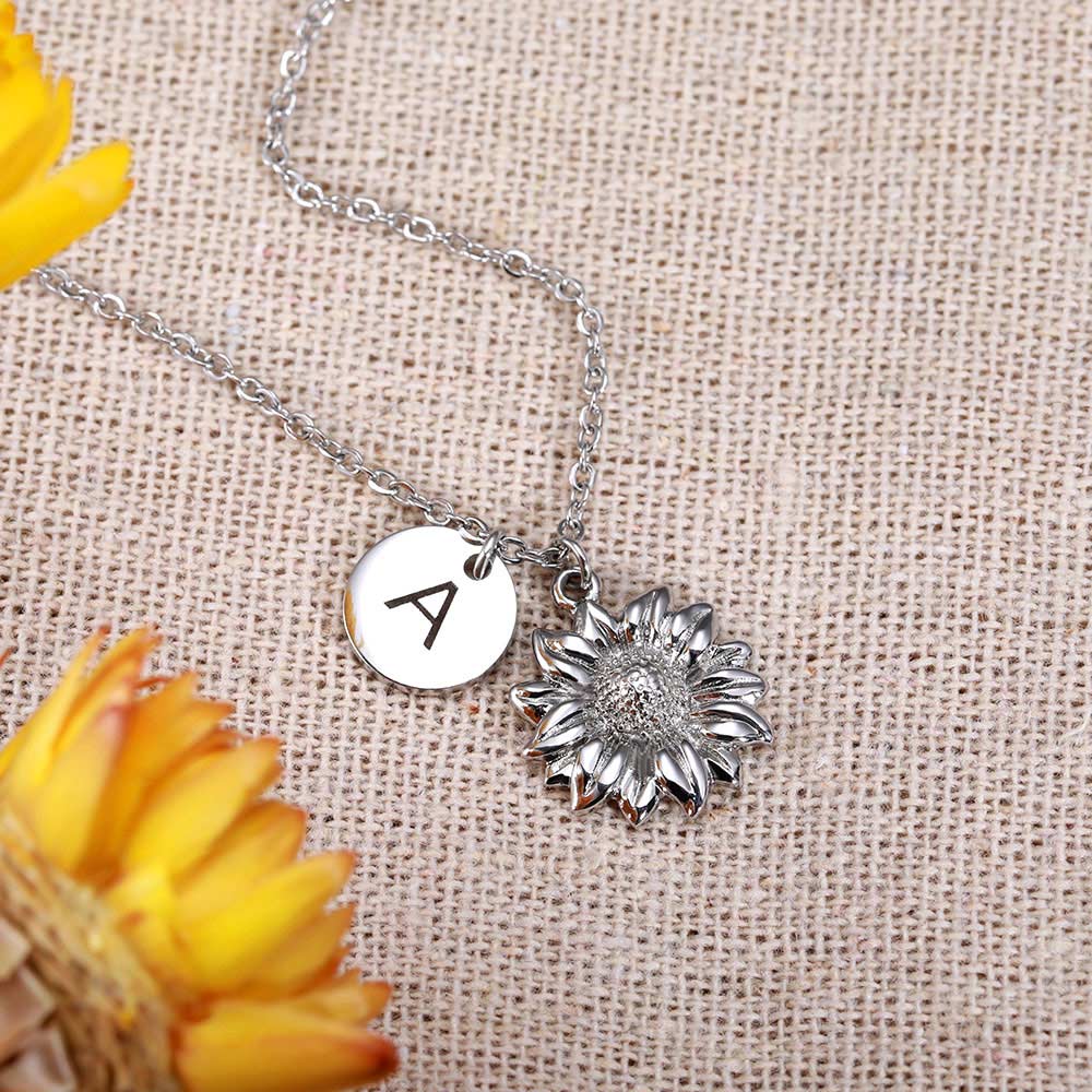 Personalized Sunflower Necklace with Initial Stainless Steel