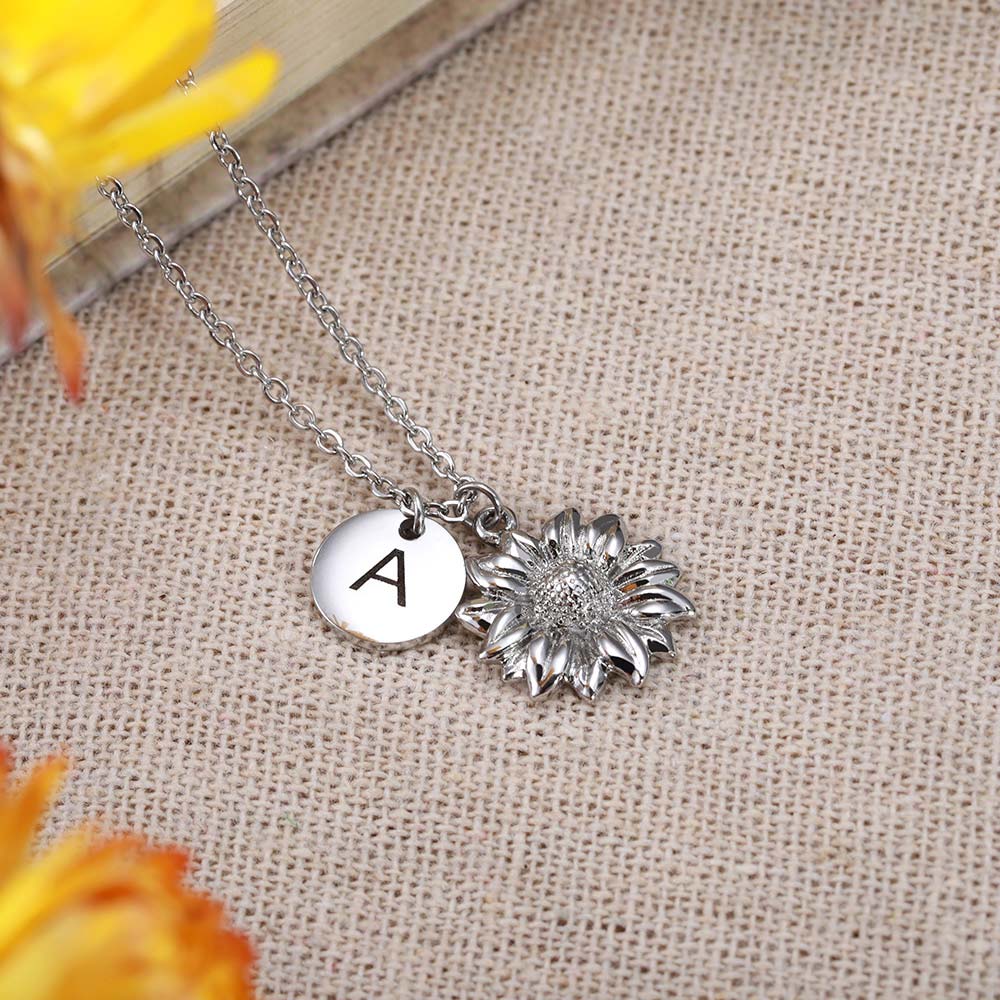 Personalized Sunflower Necklace with Initial Stainless Steel