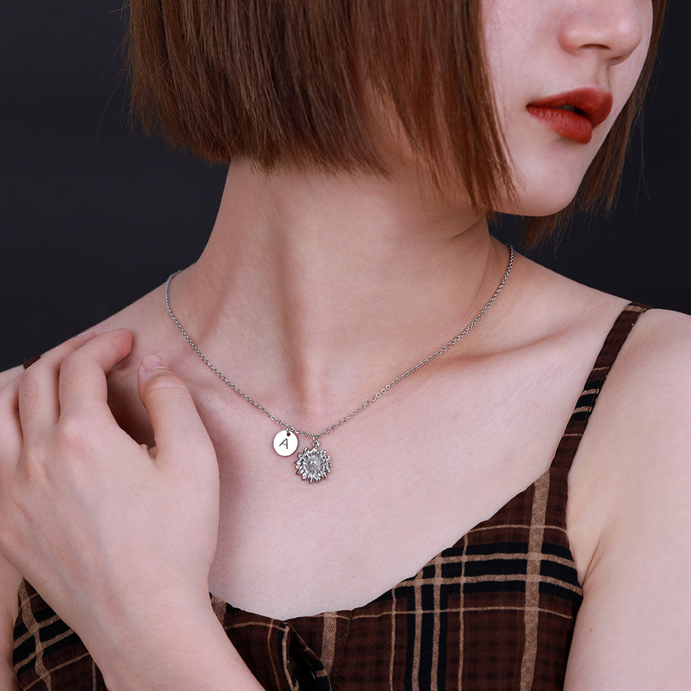 Personalized Sunflower Necklace with Initial Stainless Steel