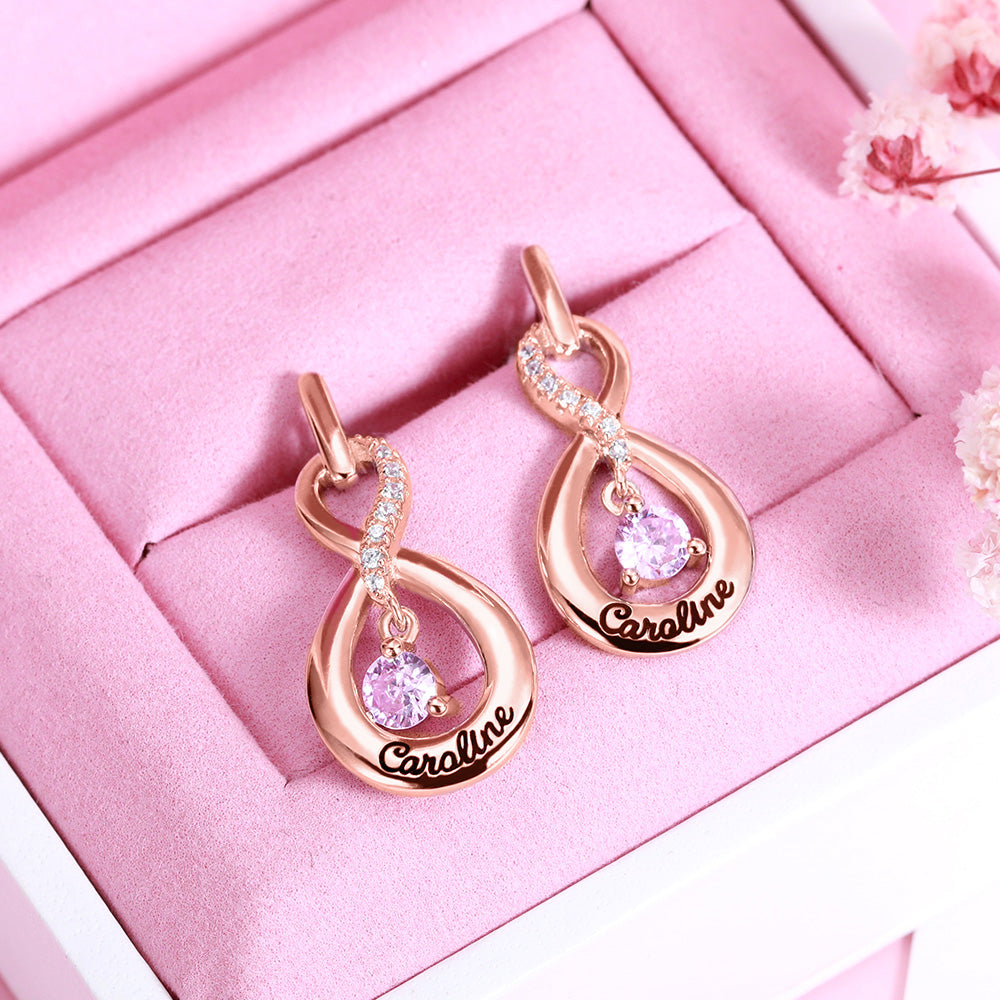 Personalized Infinity Name Earrings with Dance Birthstone in Rose Gold