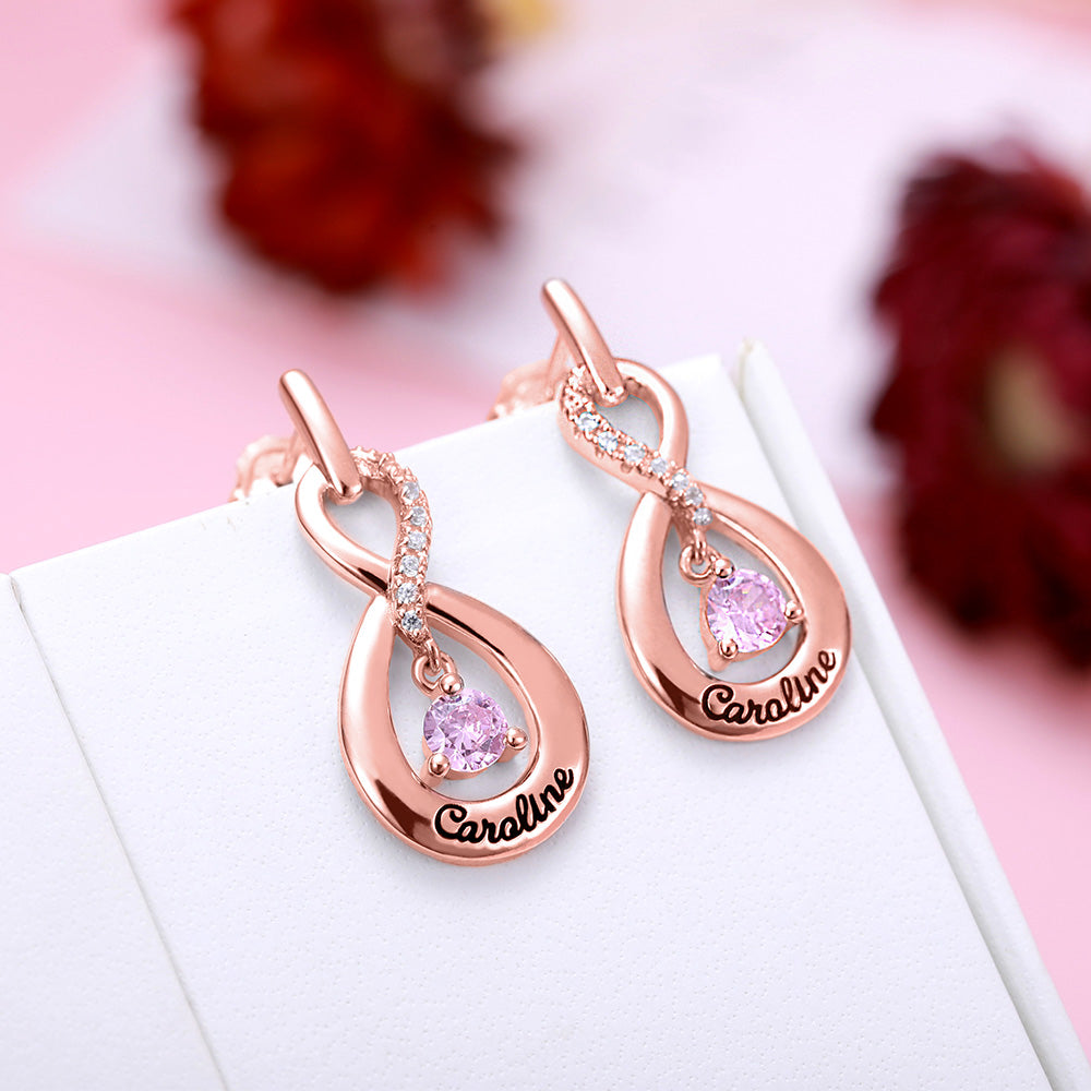 Personalized Infinity Name Earrings with Dance Birthstone in Rose Gold