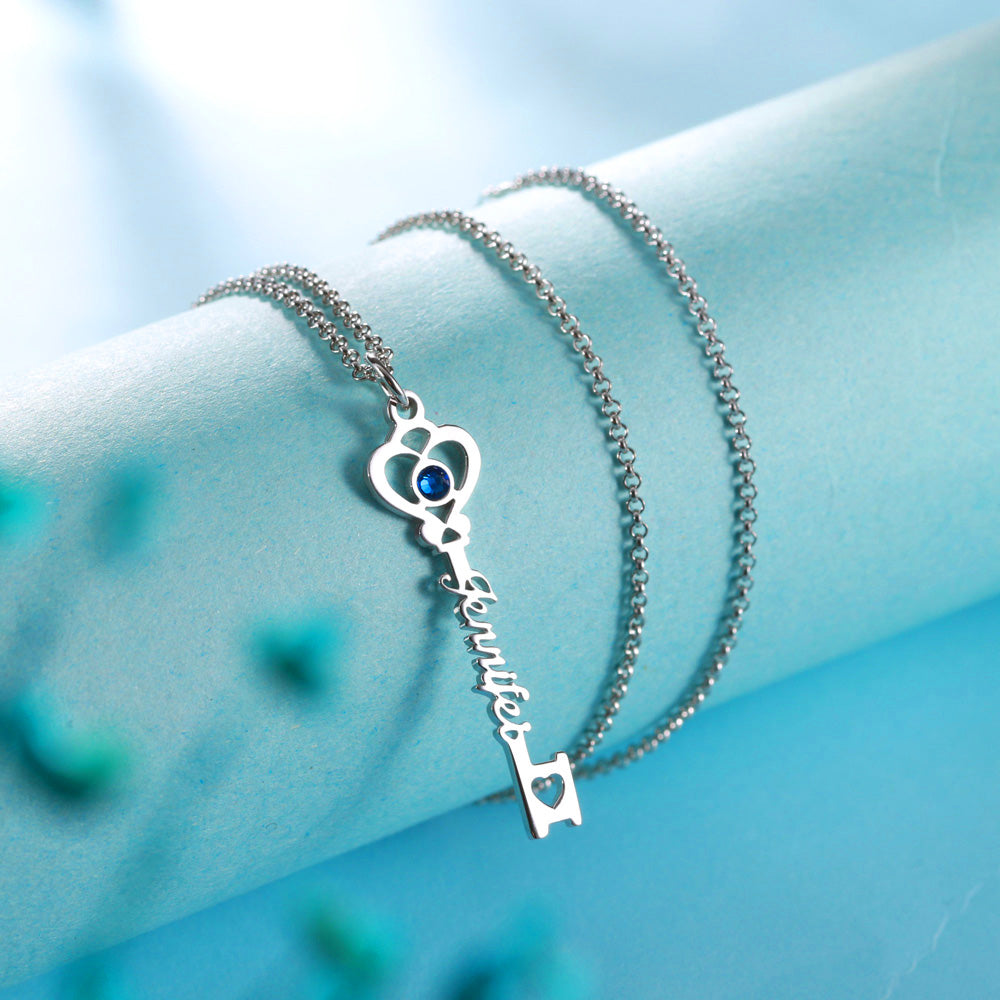 Personalized 'Key To True Love' Birthstone Name Necklace