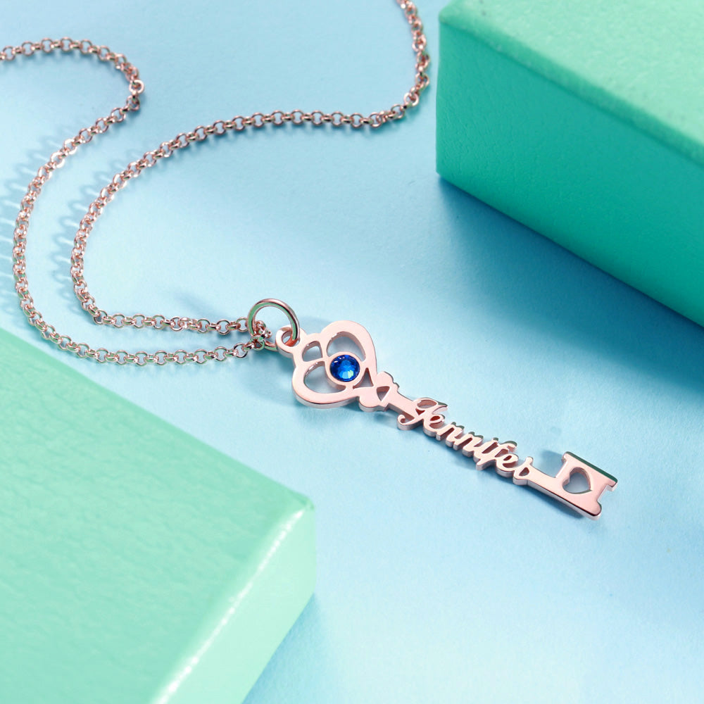 Personalized 'Key To True Love' Birthstone Name Necklace