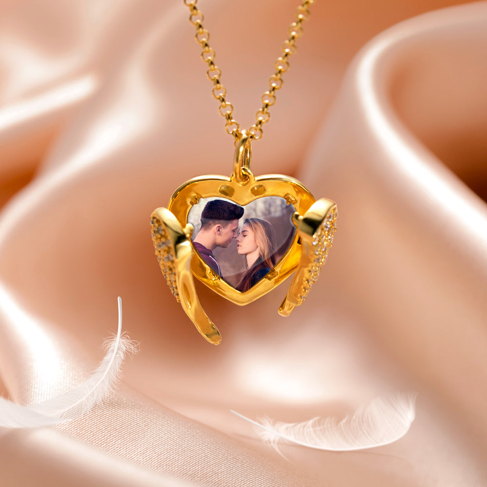 Brass/Personalized Angel Wings Heart Photo Locket Necklace