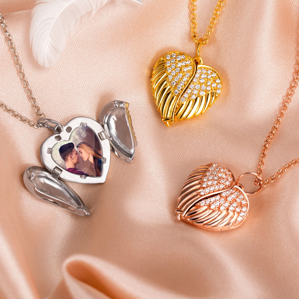 Brass/Personalized Angel Wings Heart Photo Locket Necklace